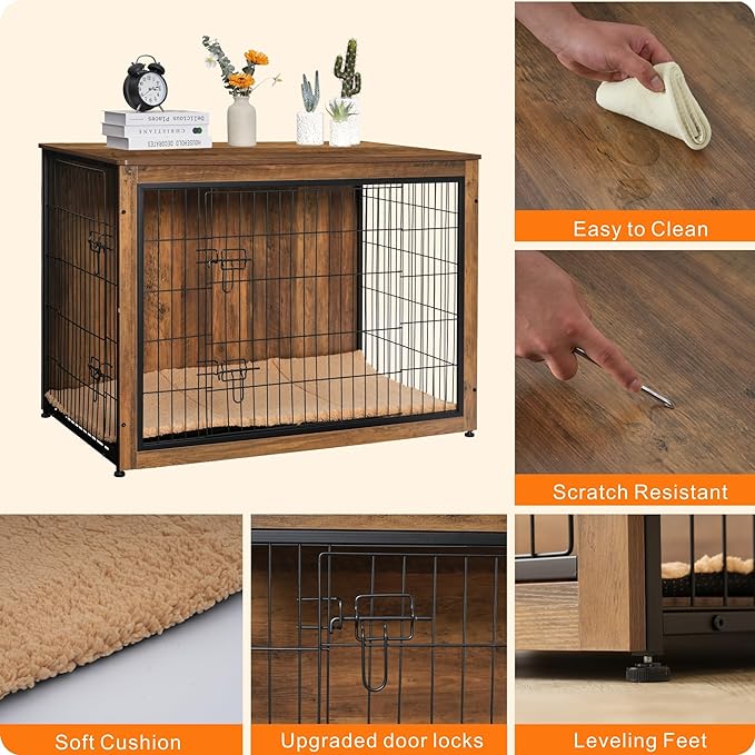 DWANTON Dog Crate Furniture with Cushion, XL Wooden Dog Crate with Double Doors, Large Dog Crate Furniture, Dog Kennel Indoor, Dog House, Extra Large, 43.3" L, Warm Brown