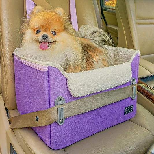 PETSFIT Small Dog Car Seat, Puppy Portable Dog Booster seat for Car with Clip-On Leash, Adjustable Straps Suitable for Small Pets Up to 25lbs (Purple)