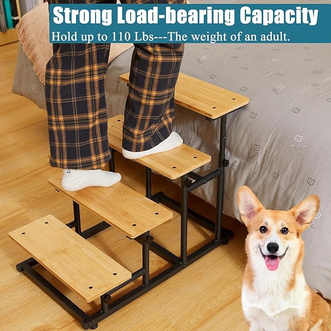 Deformable Bamboo Pet Dog Stairs Dog Steps for High Bed & Couch, Adjusted 4 or 3 Ladder Dog Step Pet Stairs, Metal & Non-Slip Bamboo Board Pet Step Cat Stairs Steps for Small Medium Dogs