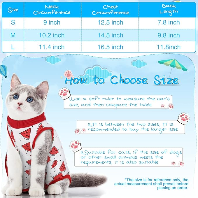 Nuanchu 3 Pieces Cat Recovery Suit Kitten Recovery Suit E-Collar Alternative for Cats and Dogs Abdominal Skin Anti Licking Pajama Suit (Watermelon Pattern, Medium)