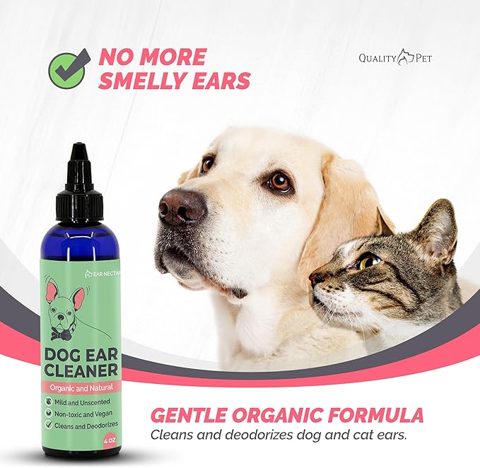 Dog Ear Cleaner Solution - Organic & Natural Ear Cleaning Drops with Aloe, Vitamin E, Coconut Oil & Witch Hazel for Cats and Dogs - Pet Ear Wash, Rinse & Cleanser to Relieve Itchy Ears