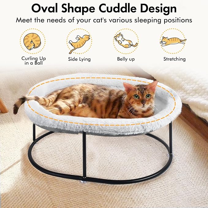 Elevated Cat Hammock Bed for Indoor Cats, Fluffy Warm Cuddle Cat Bed with Detachable Pad Bed Cover, Raised Pet Bed Cuddler for Sleeping Kittens, Small Dog, Oval Cat Hammock Grey