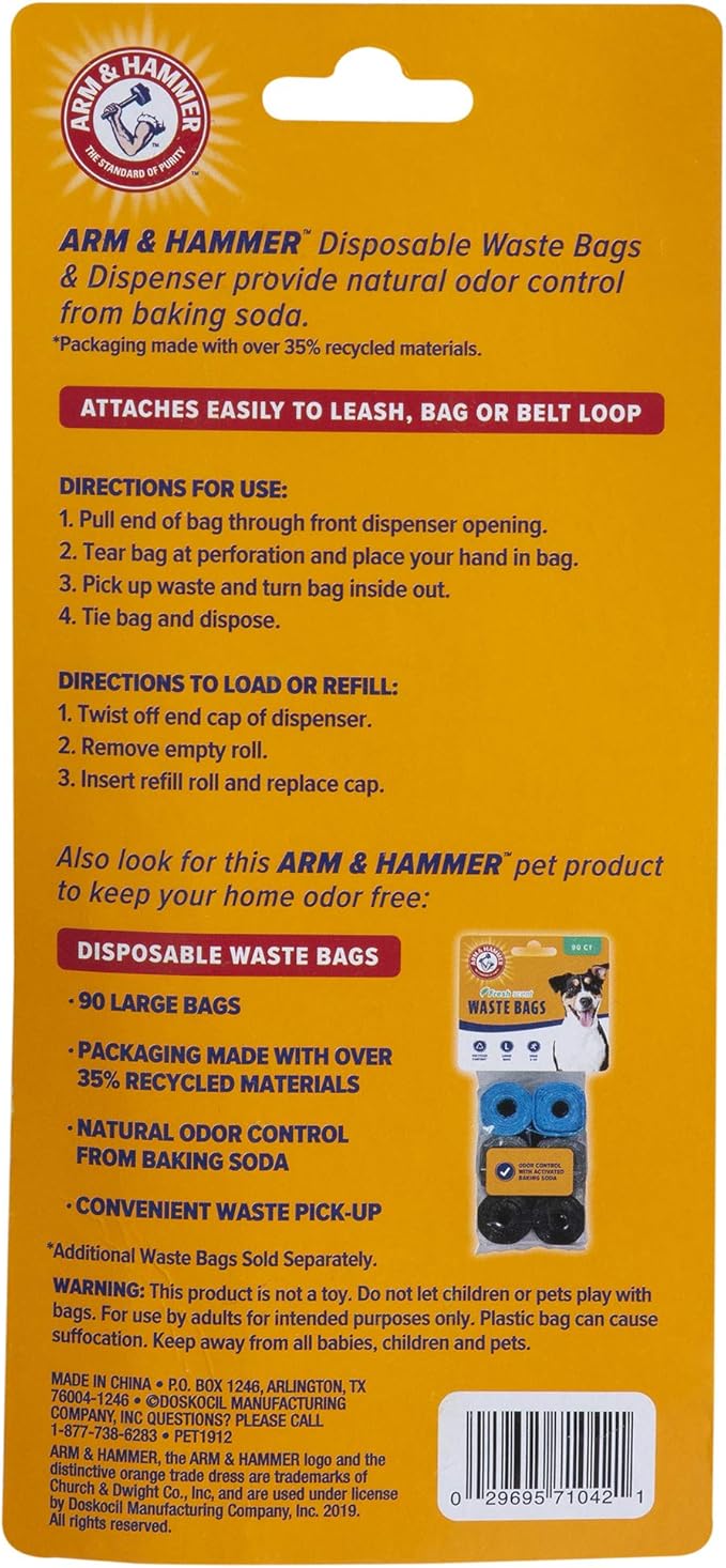 Arm & Hammer Dog Bone Shape Dog Poop Bag Dispenser With 30 Count Dog Poop Bags With Activated Baking Soda, 9 x 14 Inches, Assorted Colors