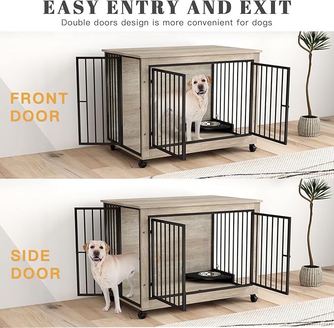 39 Inch Large Wooden Dog Crate Furniture with 180° Rotatable Bowl, Grey Multi-Functional Dog Crate End Table with Wheels, Furniture Dog Crate for Large Dogs with Flip-up Top Opening