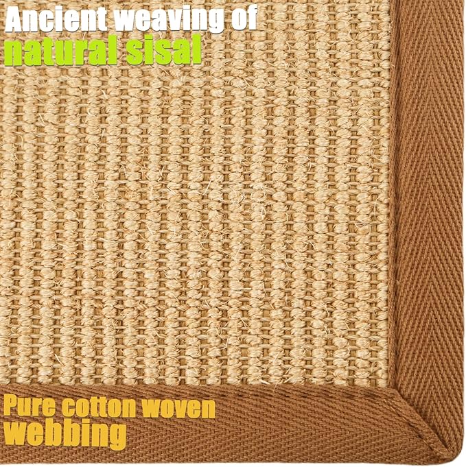 Cat Scratching Mat Hanging Toy Ball with Bell, 23.6x16.1 Sisal Cat Scratcher Mat with Latex Back & Cotton Borde,Horizontal Cat Scratchers Protect Carpets & Sofa (Beige with Cotton Border)