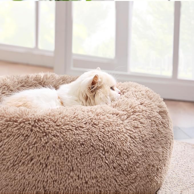 Bedsure Calming Cat Beds for Indoor Cats - Small Cat Bed Washable 20 inches, Anti-Slip Round Fluffy Plush Faux Fur Pet Bed, Fits up to 15 lbs Pets, Camel