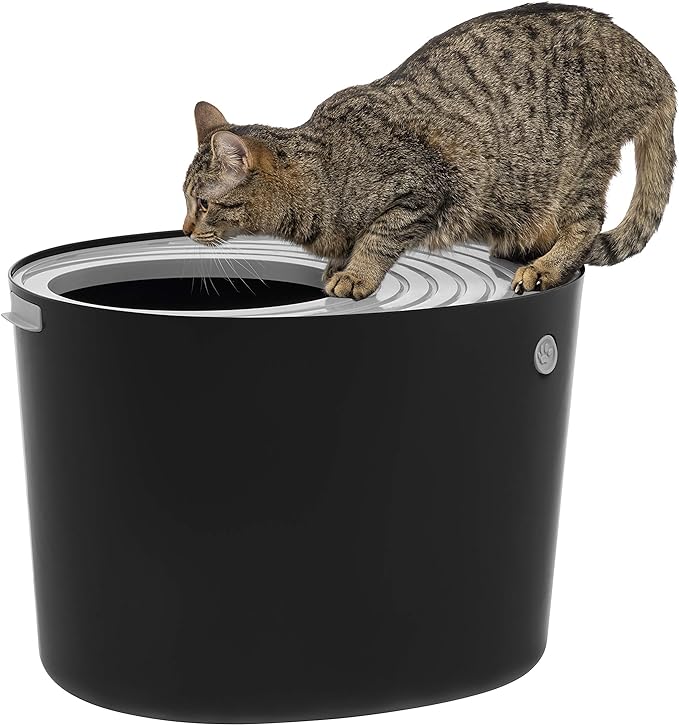 IRIS USA Large Top Entry Cat Litter Box with Scoop, Stylish Round Cat Litter Box Enclosure, Kitty Litter Box, Black/Gray