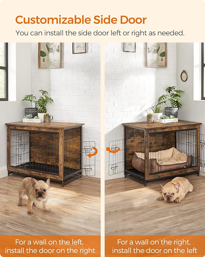 Feandrea Dog Crate Furniture, Side End Table, Modern Kennel for Dogs Indoor up to 45 lb, Heavy-Duty Dog Cage with Multi-Purpose Removable Tray, Double-Door Dog House, Rustic Brown UPFC002X01