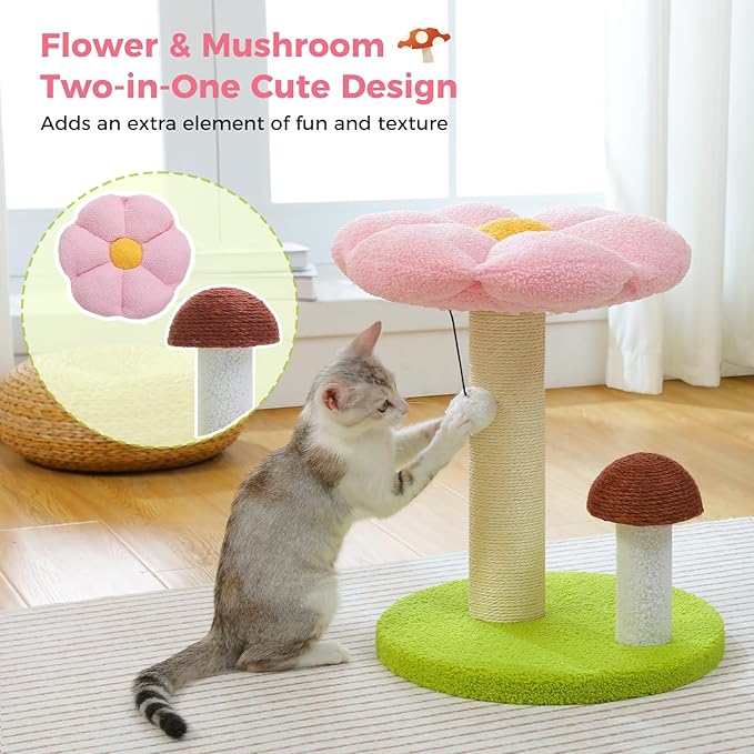 PETEPELA Flower Cat Scratching Post, Mushroom Cat Scratcher Cute with Thick Scratching Post [Dia=3.5''] & Removable Flower Cat Bed, Tall Cat Post for Kittens and Indoor Small Cats, Pink