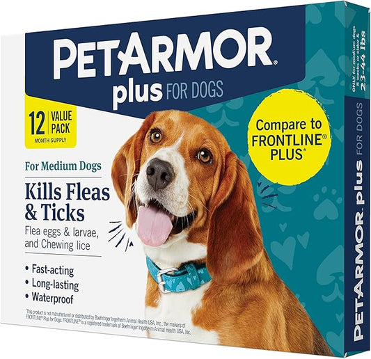 PetArmor Plus Flea and Tick Prevention for Dogs, Dog Flea and Tick Treatment, 12 Doses, Waterproof Topical, Fast Acting, Medium Dogs (23-44 lbs)