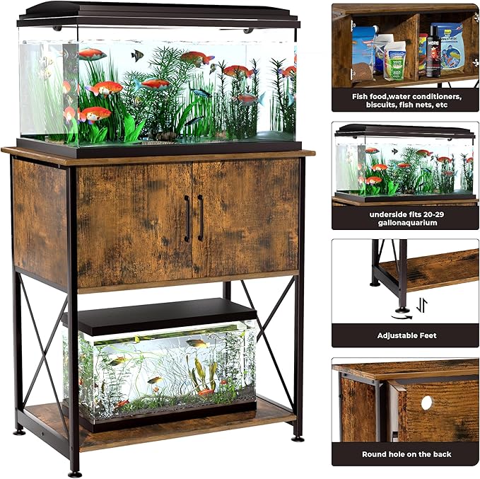 20-29 Gallon Aquarium Stand Metal Frame Fish Tank Stand with Cabinet Storage, for 20 Gallon Long Aquarium,30.7" L*16.5" W Tabletop,330LBS Capacity Rustic Brown and Black PG01YGN