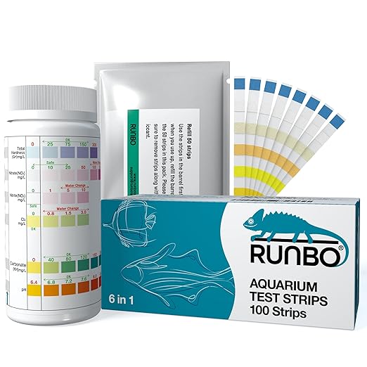 RUNBO Aquarium Test Strips 6 in1 for Fresh/Salt Water Fish Tank Aquarium, 100 Count Easy and Accurate Test Nitrate, Nitrite, General Hardness, Free Chlorine, Carbonate, Ph