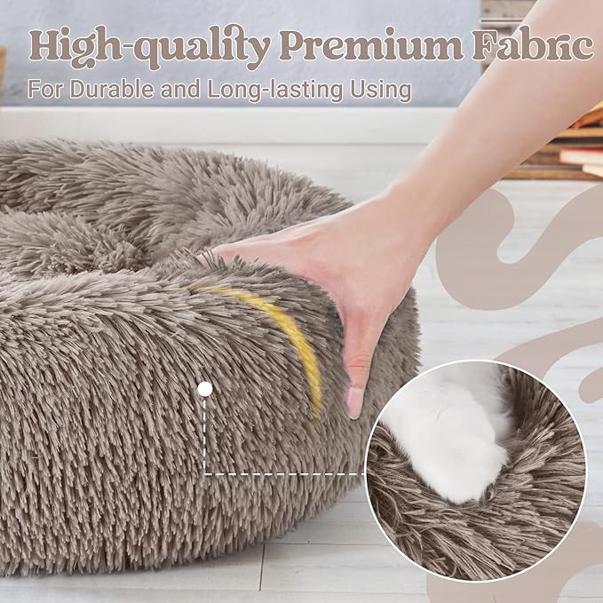 rabbitgoo Cat Beds for Indoor Cats, 20 inches Cat Bed Machine Washable, Fluffy Round Pet Bed Non-Slip, Calming Soft Plush Donut Cuddler Cushion Self Warming for Small Dogs Kittens, Khaki, Medium