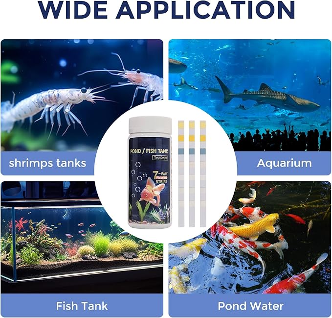 7 in 1 Aquarium Test Strips, 100 Strips Fish Tank Water Quality Test Freshwater Saltwater Test Kit for Test pH, Carbonate, Alkalinity, Hardness, Chlorine, Nitrite, Nitrate Aquarium Water Testing