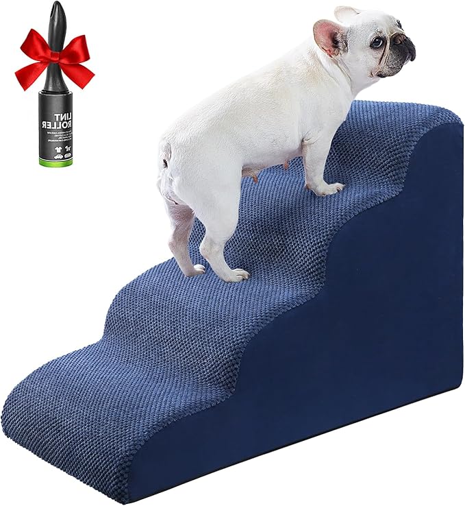 Dog Stairs Ramps for Small/Medium Dogs to High Beds and Couch, 4-Step Dog Steps with Sturdy High-Density Foam, Pet Stairs with Non-Slip Bottom for Puppy and Cat, Gifts Hair Remover Roller, Blue