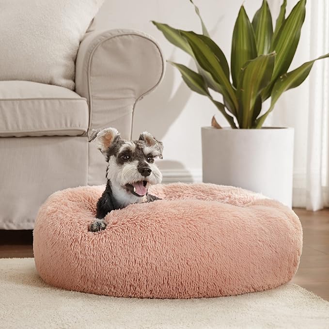 Bedsure Calming Dog Bed for Small Dogs - Donut Washable Small Pet Bed, 23 inches Anti-Slip Round Fluffy Plush Faux Fur Large Cat Bed, Fits up to 25 lbs Pets, Pink