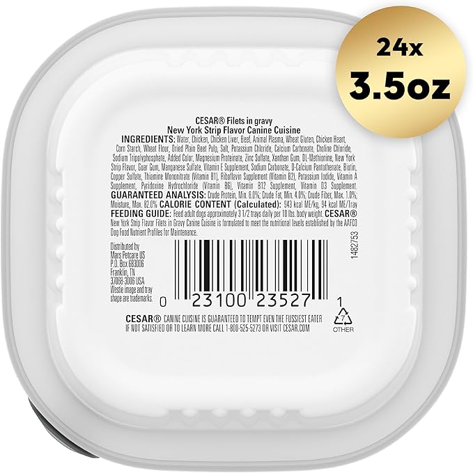 CESAR Filets in Gravy Adult Wet Dog Food, New York Strip Flavor, 3.5 oz. Easy Peel Trays, Pack of 24