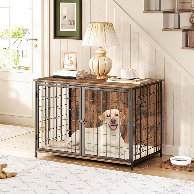 Dog Crate Furniture with Cushion, Wooden Dog Kennel with Double Doors, Heavy Duty Dog Cage for Small/Medium/Large Dogs, Indoor Dog House End Table, 39.4" L, Rustic Brown DCHR10701