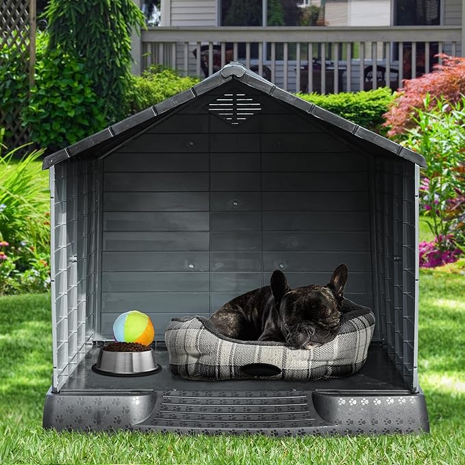 YITAHOME 34.5'' Large Plastic Dog House Outdoor Indoor Doghouse Puppy Shelter Water Resistant Easy Assembly Sturdy Dog Kennel with Air Vents and Elevated Floor (34.5''L*31''W*32''H, Black+Gray)