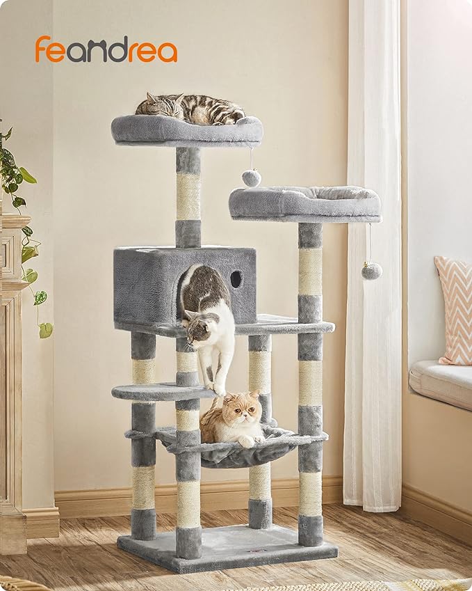 FEANDREA Cat Tree, Cat Tower for Indoor Cats, 56.3-Inch Cat Condo with Scratching Posts, Hammock, Plush Perch, Light Gray UPCT15W