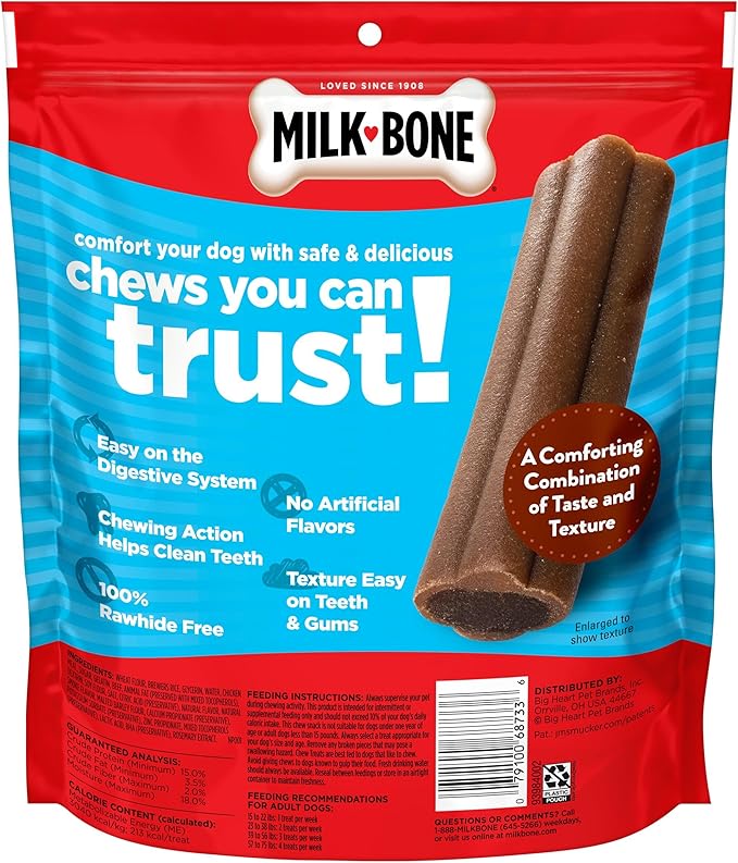 Milk-Bone Comfort Chews, Rawhide Free Dog Treats with Unique Chewy Texture and Real Beef, 9 Chews (Pack of 4), Easy on Digestive System