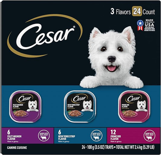 CESAR Filets in Gravy Adult Wet Dog Food, Filet Mignon, New York Strip and Prime Rib Flavors Variety Pack, 3.5 oz. Easy Peel Trays, Pack of 24