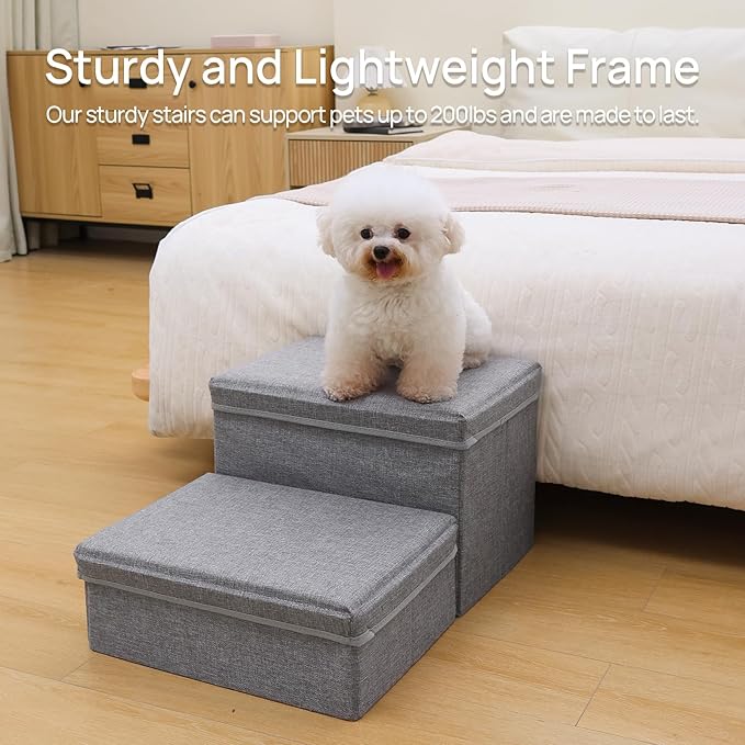 Foldable Dog Stairs/Steps 2-Tier Pet Steps Storage and Adjustable Steps for Small Medium Dogs Pet Steps Storage Stepper for High Beds Sofa Pet Dog Cat (2 STEP-Light Grey)