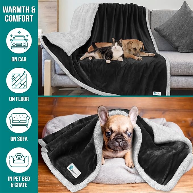 PetAmi Waterproof Dog Blanket for Small Medium Dog, Pet Puppy Blanket Couch Cover Protection, Sherpa Fleece Cat Blanket Washable Throw Couch Sofa Bed Furniture Protector Reversible Soft 29x40 Black