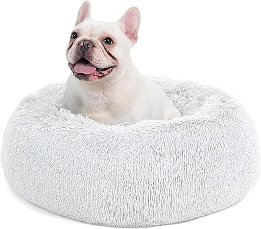 Bedsure Calming Dog Bed for Medium Dogs - Donut Washable Medium Pet Bed, 30 inches Anti Anxiety Round Fluffy Plush Faux Fur Cat Bed, Fits up to 45 lbs Pets, Frost Grey