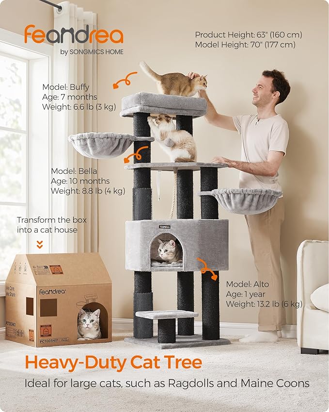 Feandrea Cat Tree for Large Cats, 63-Inch Heavy-Duty Cat Tower with Self-Warming Pads, 2 Self-Groomers, 9 Scratching Posts, Large Perch, Cave, and Baskets, Dove Gray and Black UPCT003W01