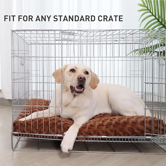 KSIIA Washable Dog Bed Deluxe Plush Dog Crate Beds Fulffy Comfy Kennel Pad Anti-Slip Pet Sleeping Mat for Large, Jumbo, Medium, Small Dogs Breeds, 35" x 23", Brown