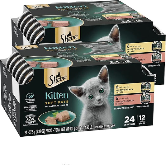 Sheba Wet Food PERFECT PORTIONS Kitten Paté Wet Cat Food Trays (24 Count, 48 Servings), Savory Chicken and Delicate Salmon Entrée, Easy Peel Twin-Pack Trays