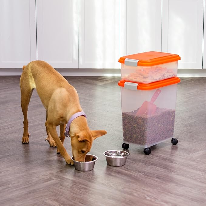 IRIS USA 30 lbs & 11 lbs Combo Airtight Dog Food Storage Container, Stackable Treat Box, 2-Cup Scoop, Wheels, Keep Fresh, Easy Mobility, Orange