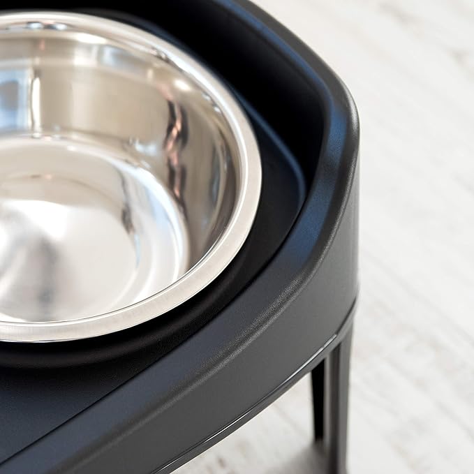 IRIS USA Elevated Dog Bowls, Adjustable Height, 2 Thick 64 oz Stainless Steel Bowls, Spill-Proof with Raised Outer Rim, Durable Made in USA Plastic, Easy Assemble, 2 Heights 4.63" or 12.25" Black