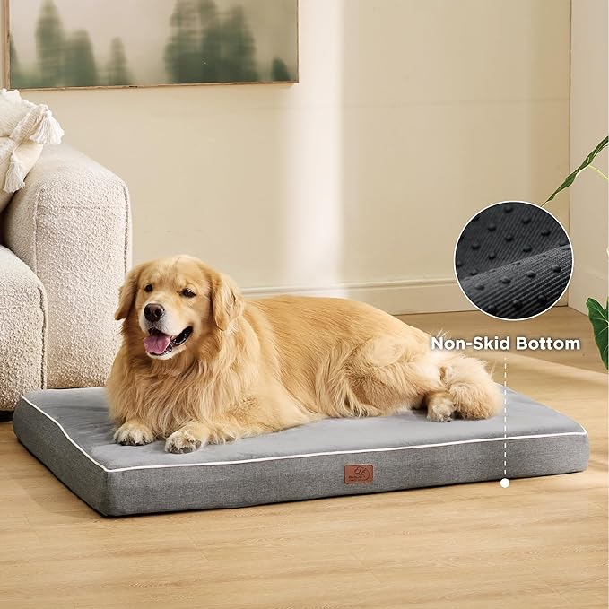 Bedsure Memory Foam Dog Bed for Extra Large Dogs - Orthopedic Waterproof Dog Bed for Crate with Removable Washable Cover and Nonskid Bottom - Plush Flannel Fleece Top Pet Bed, Light Grey