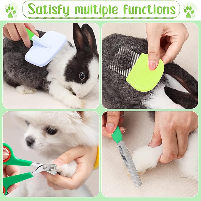 8 Pcs Small Animal Pink Grooming Kit, Rabbit Grooming Kit with Pet Nail Clipper and File, Flea Comb, Pet Shampoo Bath Brush , Pet Shedding Slicker Brush, Bath Massage Glove, Cleaning Comb (Green)