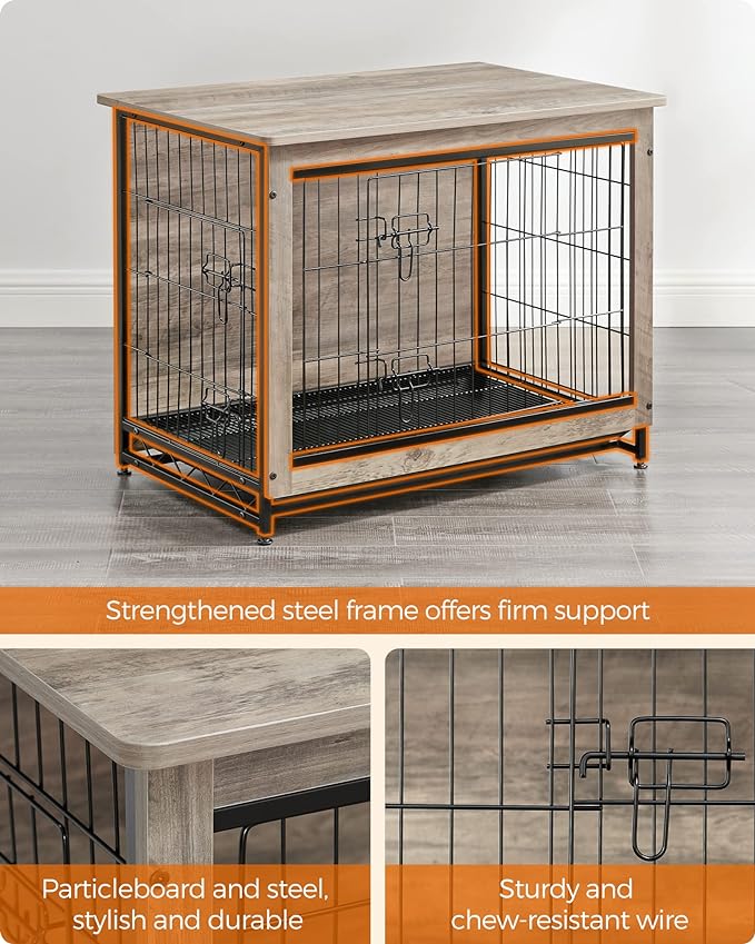 Feandrea Dog Crate Furniture, Side End Table, Modern Kennel for Dogs Indoor up to 45 lb, Heavy-Duty Dog Cage with Multi-Purpose Removable Tray, Double-Door Dog House, Greige UPFC002G01