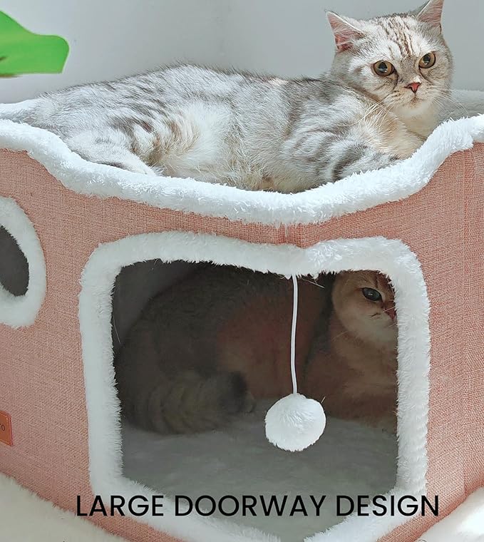 Large Cat Cave Bed for Indoor Cats, Cats Cube House with Scratch Pad Cat Condo Hideaway Tente Hut with Washable Sherpa Warm Soft Cat Mat, Cute Cat Beds Furniture, Modern Dog Bed,Pink