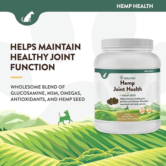 NaturVet Hemp Joint Health Hip & Joint Support Dog Supplement – Soft Chew Supplements for Dogs with Glucosamine, MSM, Chondroitin, Omega 3, Vitamins, Antioxidants – 240 Ct.