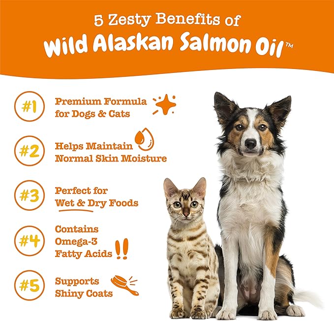 Wild Alaskan Salmon Oil for Dogs & Cats - Omega 3 Skin & Coat Support - Liquid Food Supplement for Pets - Natural EPA + DHA Fatty Acids for Joint Function, Immune & Heart Health 8oz - Pump Top