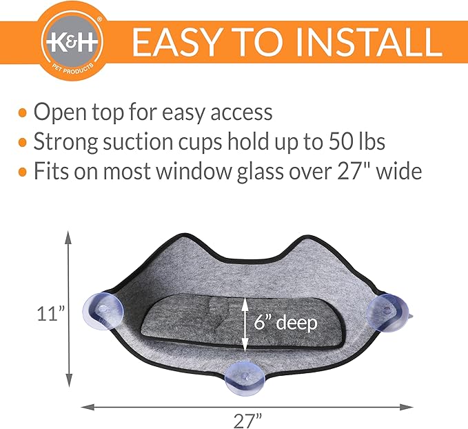 K&H Pet Products EZ Mount Window Mounted Cat Bed, Cat Window Hammock, Sturdy Cat Window Perch, Cat Window Bed Cat Furniture - Gray Kitty Face Window Bed