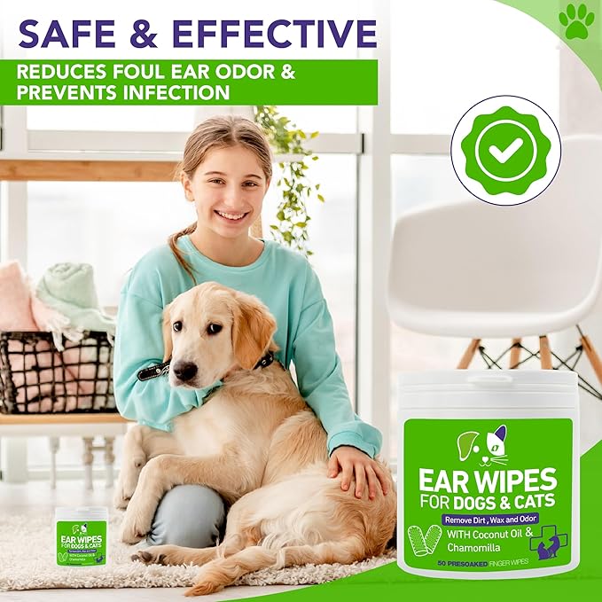 Pet Ear Wipes for Dogs and Cats - Dog Ear Cleaner Wipes, Cleaning and Deodorizing - Remove Debris & Wax, Improve Ear Itching, and Infections - 50 Count Finger Wipes