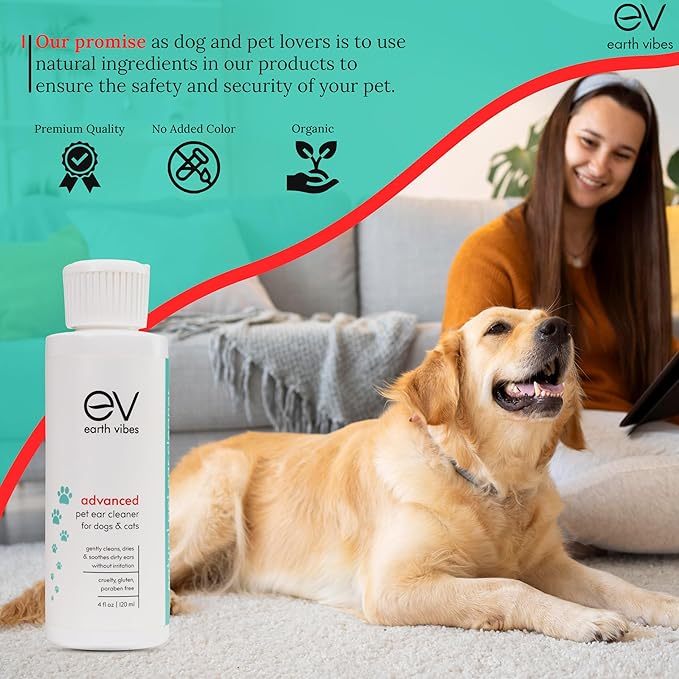 Earth Vibes Dog & Cat Ear Cleaner – Pet Cat Ear Cleaner - Advanced Natural Solution Treatment for Itching, Head Shaking, Discharge & Smelly Ears, Veterinary Vet Formula - MADE in The USA