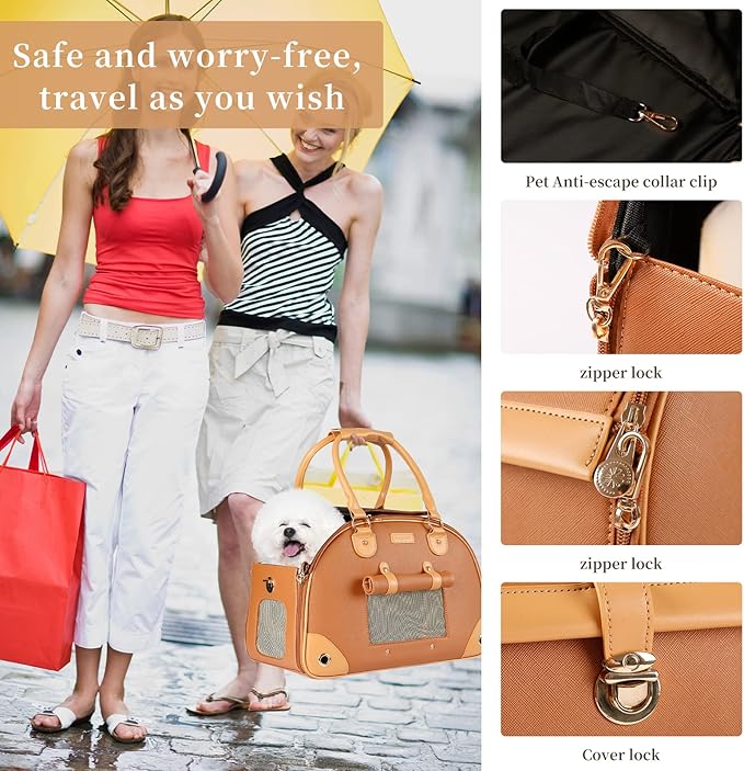 Dog Carrier, Pet Carrier, Dog Purse, Foldable Premium PU Leather Cat Carrier, Portable Tote Bag Carrier for Cats and Small Dogs - Brown