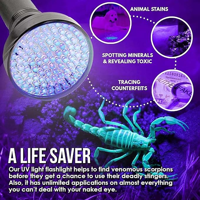 UV Black Light Flashlight - Powerful 100 LED Blacklight Flashlights for Pet Urine Detection, Dog Stain, Scorpion, Resin Curing, Counterfeit Money Bed Bugs, Carpet Odor Eliminator Remover