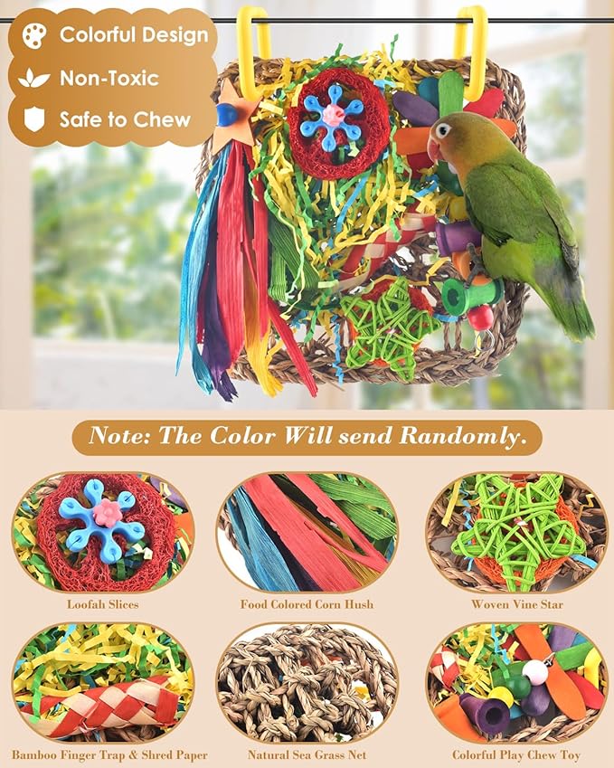 ERKOON Bird Cockatiel Toys Foraging Toys Hanging Parrot Toys for Lovebrid Parakeets Conures Bird Foraging Wall with Colorful Toys for Birds Shredding Seagrass, Birds Cage Toy Accessories