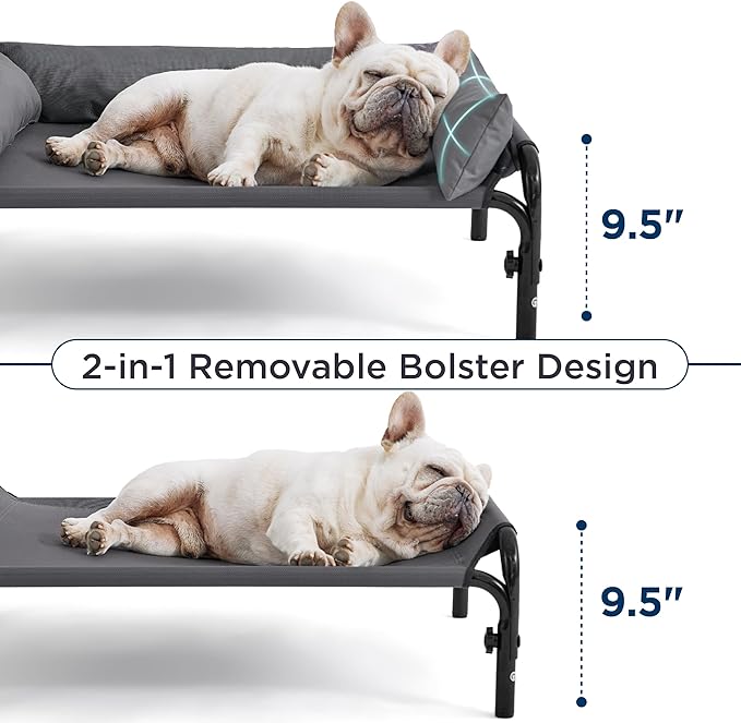 Bedsure Elevated Raised Outdoor Dog Bed - Cooling Dog Cot Bed with Bolster for Medium Dog, Lifted Pet Bed with Durable Breathable Teslin Mesh, Dog Hammock Bed with Non-Slip Feet, Grey, 32 inches
