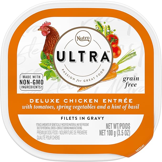 NUTRO ULTRA Grain Free Adult Soft Wet Dog Food Filets in Gravy Deluxe Chicken Entrée With Tomatoes, Spring Vegetables, and a Hint of Basil, 3.5 oz. Trays, Pack of 24