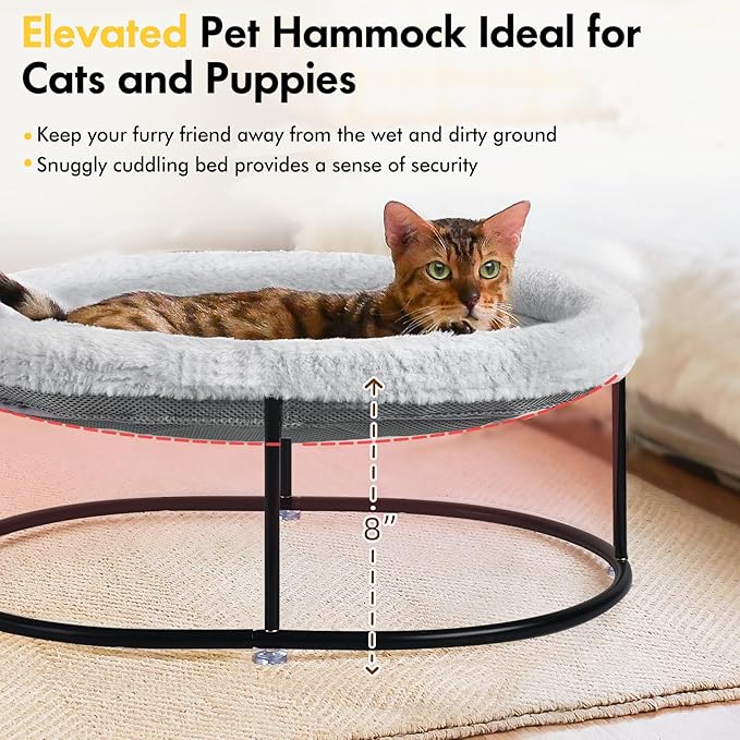 Elevated Cat Hammock Bed for Indoor Cats, Fluffy Warm Cuddle Cat Bed with Detachable Pad Bed Cover, Raised Pet Bed Cuddler for Sleeping Kittens, Small Dog, Oval Cat Hammock Grey