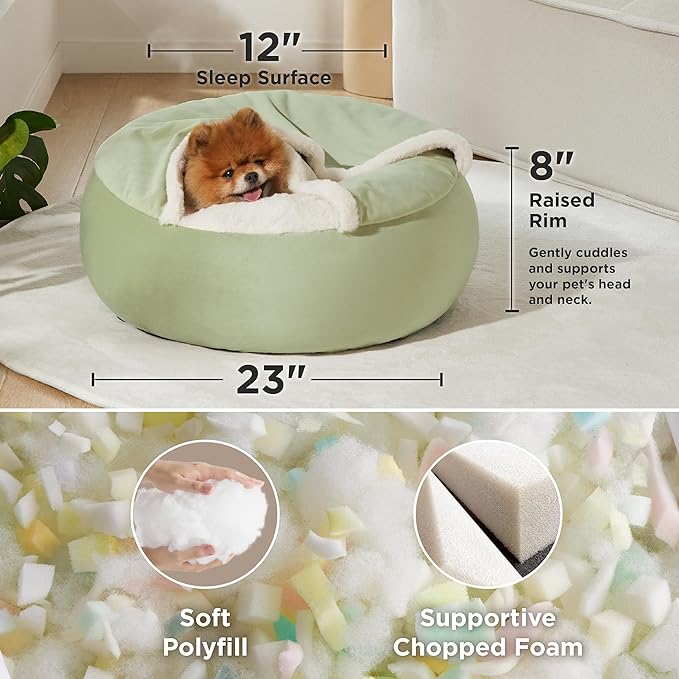 Lesure Small Dog Bed with Cover Cave - Covered Round Puppy Bed with Hooded Blanket, Machine Washable Burrow Pet Bed for Small Dogs and Cats, Cuddler Cozy Cave Dog Bed with Anti-Slip Bottom, Green 23"